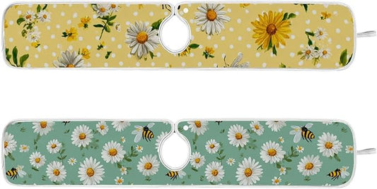 2 PCS Kitchen Sink Splash Guard 30 Inch Faucet Mat for Kitchen Sink Bathroom Sink Faucet Absorbing Drip Drain Mat Pad Microfiber Soft Washable Yellow and Green Daisy Bees
