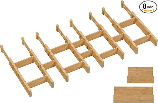 Kitchen Drawer Organizer, Expandable Bamboo Drawer Divider, Include 8 Dividers, 8 Small Inserts and 8 Medium Inserts for Home, Office, Dressers (Short-8 Dividers)