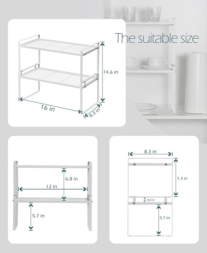 2Pack Cabinet Shelf Organizer Storage Rack Space Saving for Kitchen Counter Pantry Bathroom Cupboard Under Sink Office Table Desk Steel Stackable Rust Resistant Heavy Duty Nonslip 16” White
