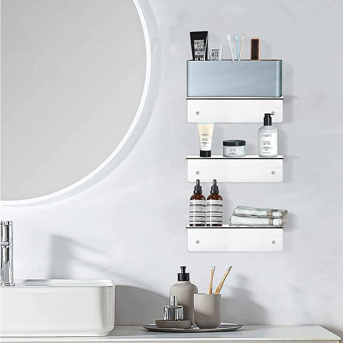 luium 9 Inch Clear Acrylic Floating Shelf, No Drill Adhesive Wall Shelf Set of 2 for Storage, Floating Shelves Damage-Free Expand Wall Space for Living Room, Office, Gaming Room, Bathroom