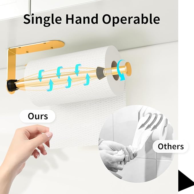 Fixwal Paper Towel Holder Under Cabinet, Single Hand Operable Wall Mount Paper Towel Holder with Damping Effect, Bend-Resistant, Self-Adhesive or Drill Mounting for Kitchen Bathroom, Gold