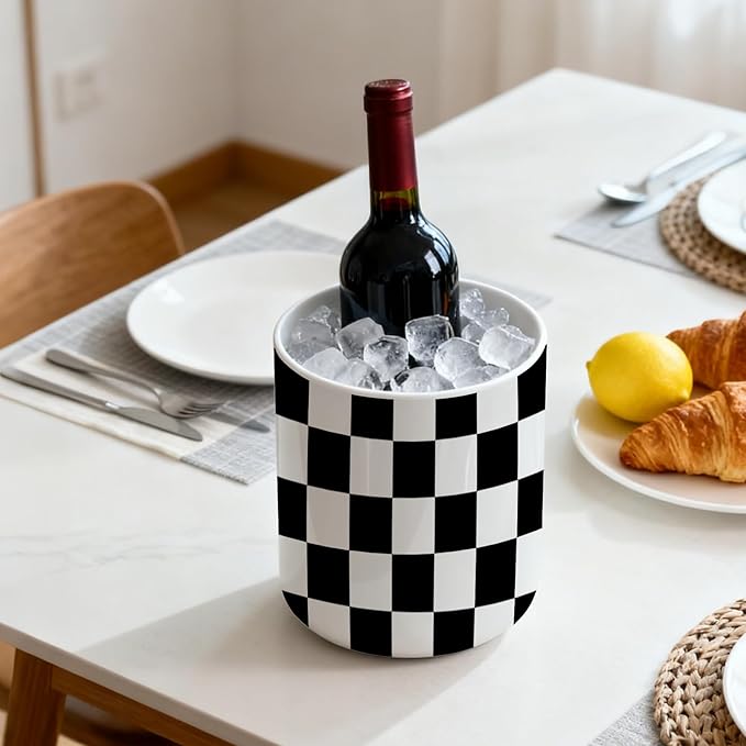 Checkered Utensil Holder,Ceramic Spatula Holder,Countertop Ceramic Utensil Holder,Large Cooking Utensil Crocks for Kitchen Counter Decor, Vase for Kitchen Utensils, H6.3 xD4.7(Black or white)
