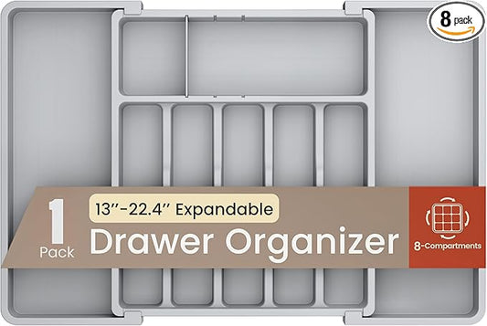 Gray Expandable Utensil Drawer Organizer 1 Pack, Adjustable 13” to 22.4”, 8 Compartment Silverware Organizer for Kitchen Utensils, Spatulas, Cutlery, and Tools, Easy to Clean, Durable, and BPA-Free