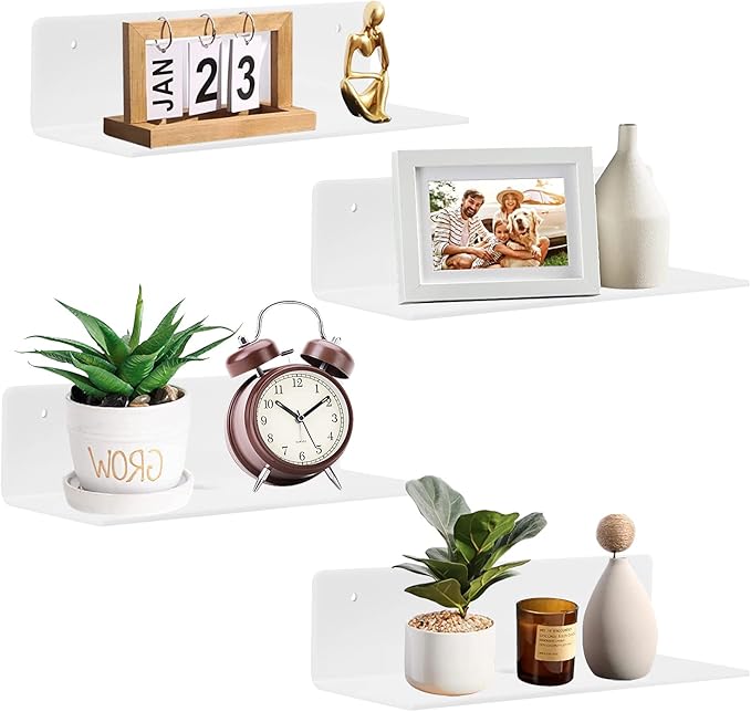 luium 9 Inch Acrylic Floating Shelf No Drill Adhesive Wall Shelf Set of 4 for Funko Pop Storage, Floating Shelves Damage-Free Expand Wall Space for Living Room, Bathroom, Gaming Room, Office - White