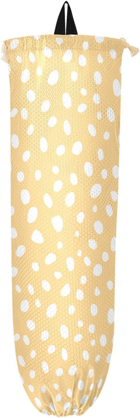 1 PC Plastic Bag Holder Wall Mount Grocery Bag Holder Shopping Bag Trash Bag Storage Organizer Dispenser for Kitchen Closet 22 x 9 Inch White Dots Yellow