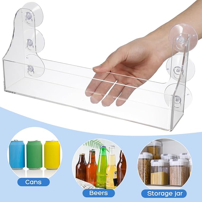 Suction Cup Shelf Fridge Drink Organizer Clear Acrylic Refrigerator Storage Shelf 5 Bottle Drink Organizer for Fridge, Suction Cup Spice Rack Shower Shelves for Kitchen Bathroom