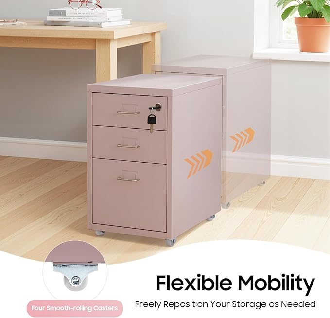 3-Drawer Vertical File Cabinet with Lock and Wheels, Mobile Rolling Storage Organizer for Home Office, Pink Filing Cabinet Under Desk, 11" D x 16" W x 18.3" H