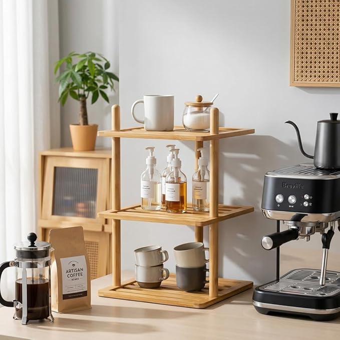 3-Tier Cabinet Organizer Shelf - Bamboo Corner Rack for Kitchen Counter, Cabinet Space Saver for Plates, Dishes, Bowls, Bread - Pantry and Bathroom Storage or Countertop(1, 3Tier-Large-6.7"H)