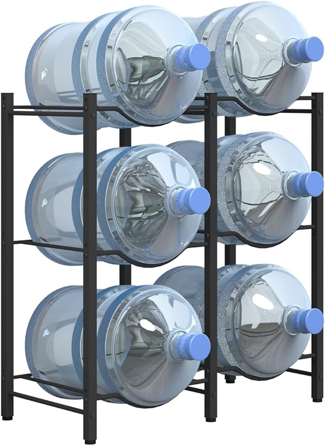 Mocomax 5 Gallon Water Jug Rack - Detachable Holder for 6 Bottles, 3 Tier Heavy Duty Cooler Rack - Organizer for Kitchen, Office, Living Room - Black