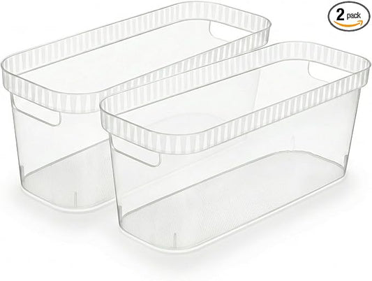 Tribello Narrow Storage Bins – Slim, Clear Plastic Storage Basket, Clear Organizer for Tight Spaces (2 Pack, 15” x 6” x 6”)