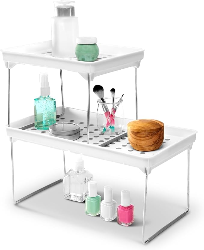 Madesmart Small Stackable Storage Shelf for Cabinets or Counters, Plastic Collapsible Cabinet Shelf for Home Organization, White , 9.38 x 7.63 x 1.5 in