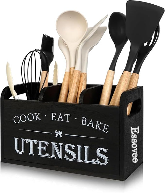 Farmhouse Cooking Utensils Organizer - Kitchen Utensil Holder Black Rustic Solid Wood Countertop Utensil Holder, 3 Compartment Spoon Holder for Kitchen Decor