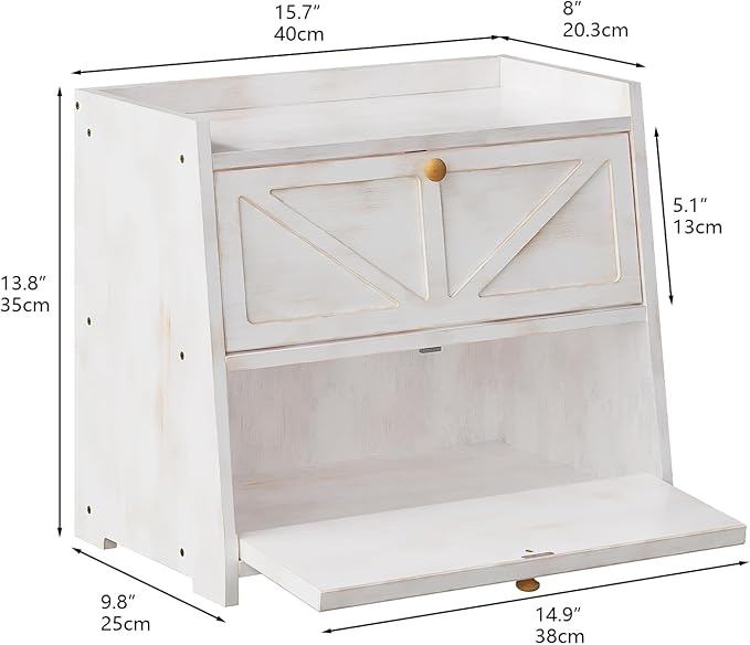 Vintage Double Layer Bread Box for Kitchen Counter Bamboo Bread Storage Container Large Capacity Bread Storage Bin (Antique White)