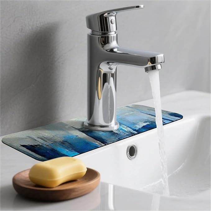 Kitchen Sink Splash Guard，Blue grey and more colors abstract Faucet Mat Sink Gadgets-Super Absorbent Fast Drying Mat Drip Catcher for Kitchen, Bathroom,Sink Mat, Dish Drying Mat, Bathroom(15" X 5.5" )