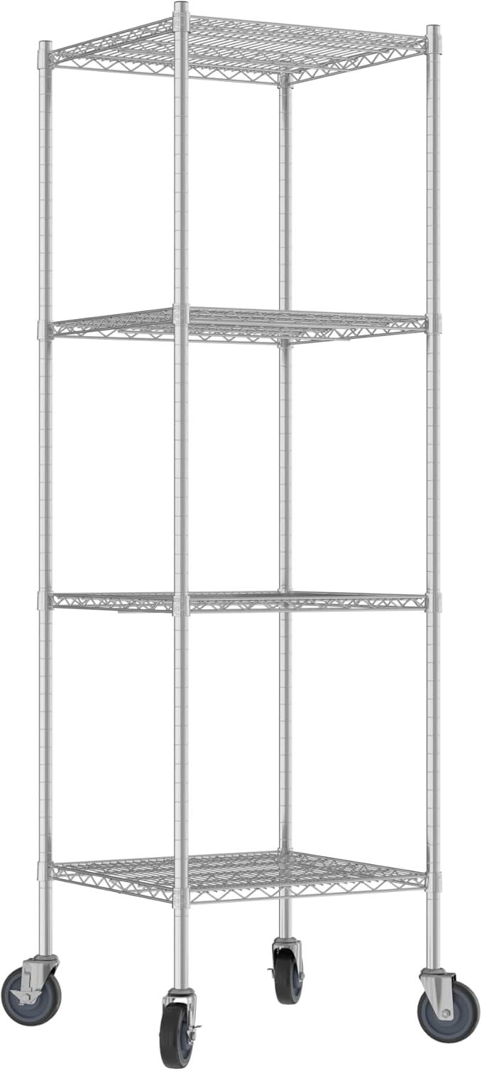 Commercial NSF Listed Chrome Mobile Wire Shelving Kit 24" x 24" x 80", with 4 Shelves Perfect for Warehouse, Walk-in Refrigerator, Freezer, Grocery Store, Restaurant, Dishroom