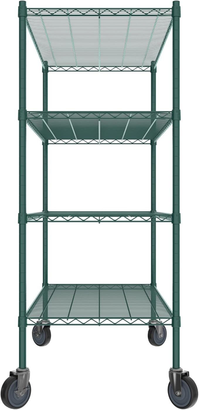 Commercial NSF Listed Green Epoxy Mobile Wire Shelving Kit 24" x 48" x 60", with 4 Shelves Perfect for Warehouse, Walk-in Refrigerator, Freezer, Grocery Store, Restaurant, Dishroom