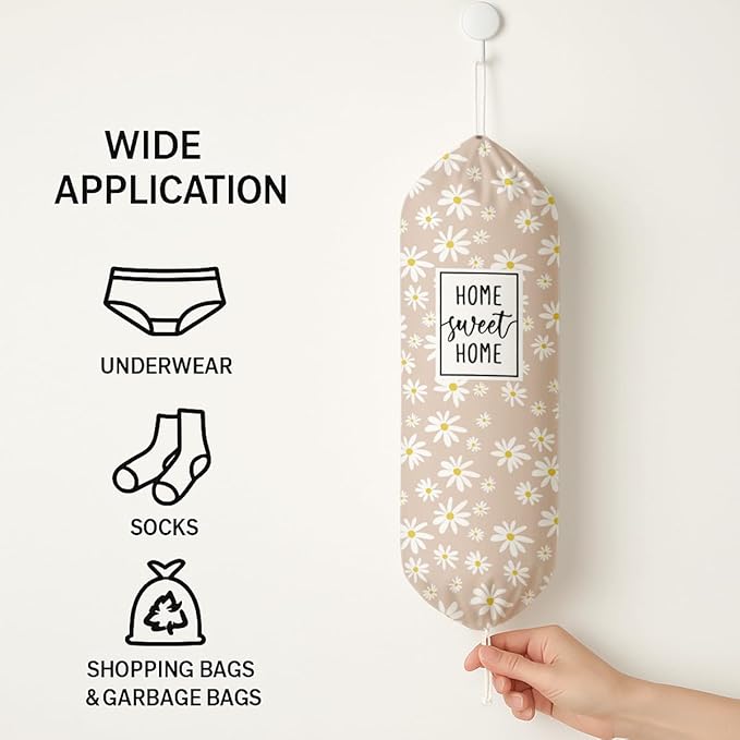 Plastic Bag Holder, Home Sweet Home Plastic Bag Holder for Kitchen Essentials, Daisy Bags Holders for Plastics Bags Groceries Store, Floral Reusable Plastics Sack Storage Dispenser forKitchen Decor