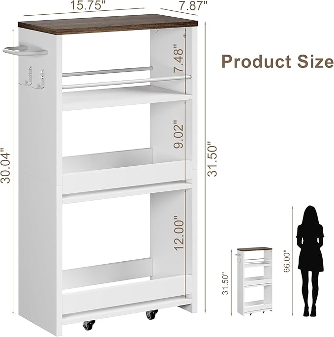 ChooChoo 4-Tier Slim Storage Cart, 7.87 inches Wide Narrow Storage Cabinet with 360° Wheels and 2 Hooks, Space-Saving Organizer for Kitchen, Narrow Places, Dining Room, Walnut+White