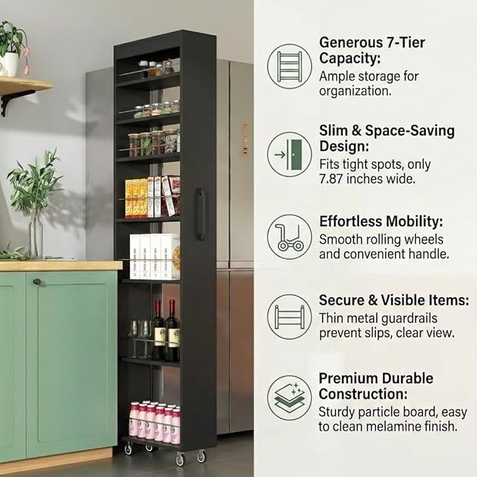Slim Rolling Storage Cart, 7-Tier Pull-Out Spice Rack with Handle & Wheels, Narrow Kitchen Organizer for Next to Fridge, Pantry, Laundry Room, 7.87 Inch Wide Space Saver (Black, Exposed Wheels)