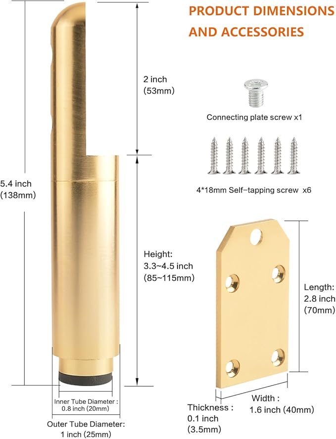 4 Pack Adjustable Furniture Legs Golden 3.3-4.5 Inch Coffee Table Height Extenders Nightstand Legs Replacement Support Metal Feet Desk Legs