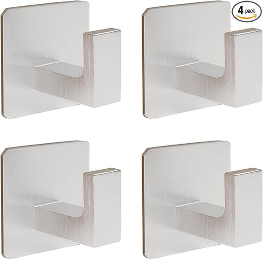Vanloory Bath Towel Hooks, 4 Pack Self Adhesive Square Coat Hooks, Sturdy No Drilling Robe Hook, Heavy Duty Aluminum Clothes Hanger, Wall Hooks for Bathroom Bedroom Kitchen(Sliver, 2 in)