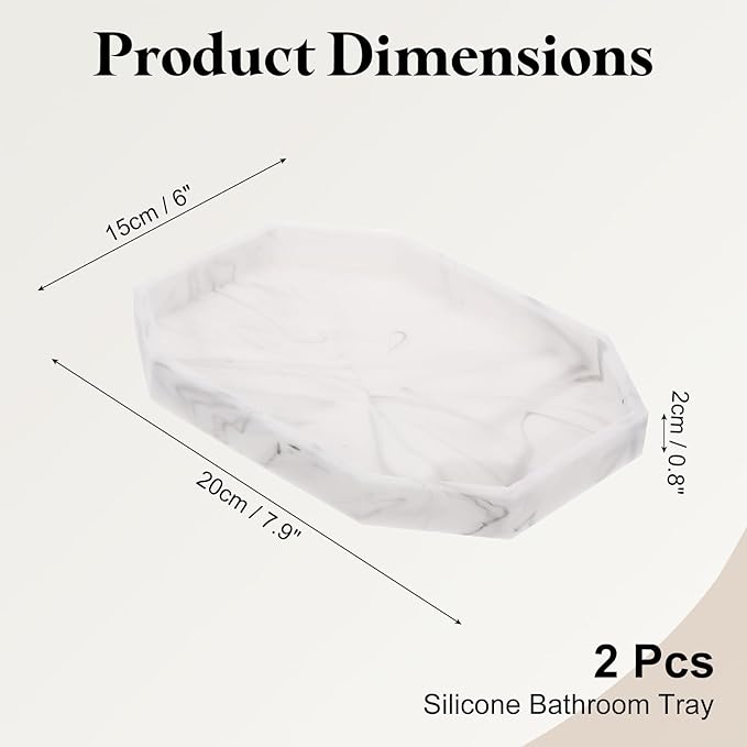 uxcell 2Pcs Bathroom Vanity Tray, 7.9" x 6" Octagon Silicone Soap Dispenser Trays, Shatterproof Kitchen Sink Organizer for Soaps Keys Candle Trinket, Marble White