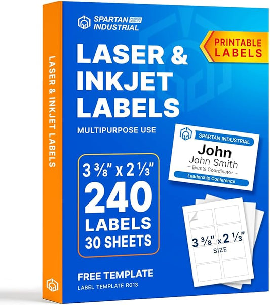 2 1/3" X 3 3/8" Matte White Printable Labels for Inkjet and Laser Printers - 30 Sheets, 240 Custom Stickers, Name Tags, Hello My Name is Stickers, Shipping Labels - Spartan Industrial Template R013