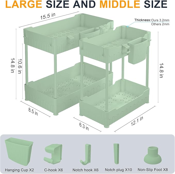 Sevenblue 2 Pack Under Sink Organizer, Under Bathroom Cabinet Organizer with Hooks Hanging Cup, Multi-Purpose Storage Shelf for Kitchen Bathroom (Green, XL)