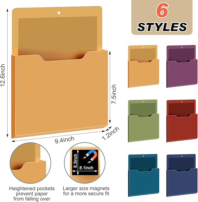 Fuutreo 6 Pcs Magnetic Wall File Organizer Magnetic Wall File Holder Refrigerator Magazine Holder for Mail Letters Paper(Dark Vintage,12.2 x 9.4 Inch)