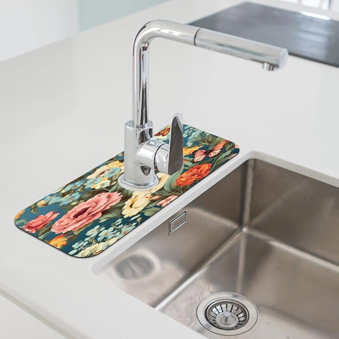 Vivid Flora Butterfly Blend Kitchen Faucet Mat Splash Guard, 15.4”x5.7” Absorbent Quick Drying Sink Mat for Countertop Protection, Draining Mat Sink Protectors For Kitchen Bathroom, 2 Pack