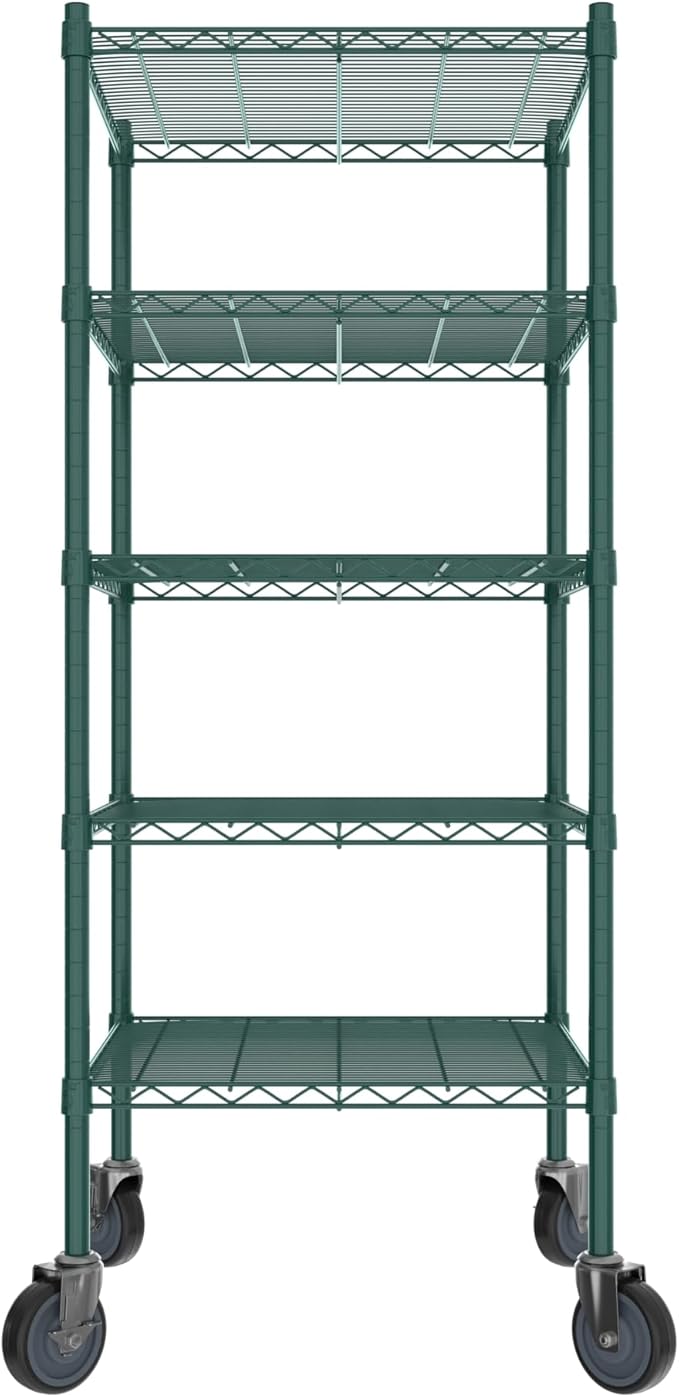 Commercial NSF Listed Green Epoxy Mobile Wire Shelving Kit 24" x 24" x 60", with 5 Shelves Perfect for Warehouse, Walk-in Refrigerator, Freezer, Grocery Store, Restaurant, Dishroom