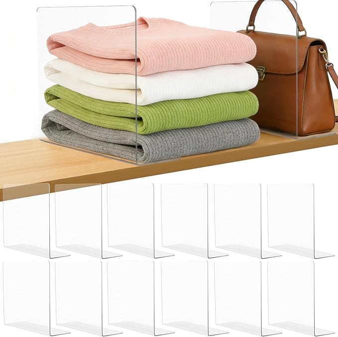 Shelf Dividers for Closet Organization: 10" Tall x 12" Deep Acrylic Closet Shelf Dividers for Clothes Sweater Purse - Free Standing Clear Separators for Shelves