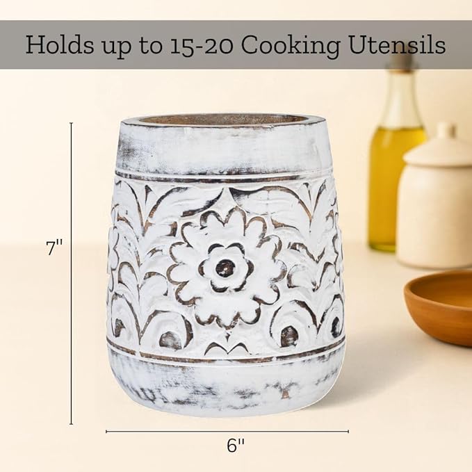 Mie Creations Farmhouse 7'' Large Utensil Holder for Kitchen Counter, Handcarved Wooden Utensils Crock | Decorative Floral Vintage Utensil Holder, Shabby Chic Cooking Organizer - Distressed White