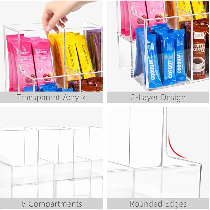 2-Tier Acrylic Drink Packet Organizer for Water Flavor & Hydration Powdered Mixes, Pantry Cabinet Kitchen Storage Holder Container (1 Pack)