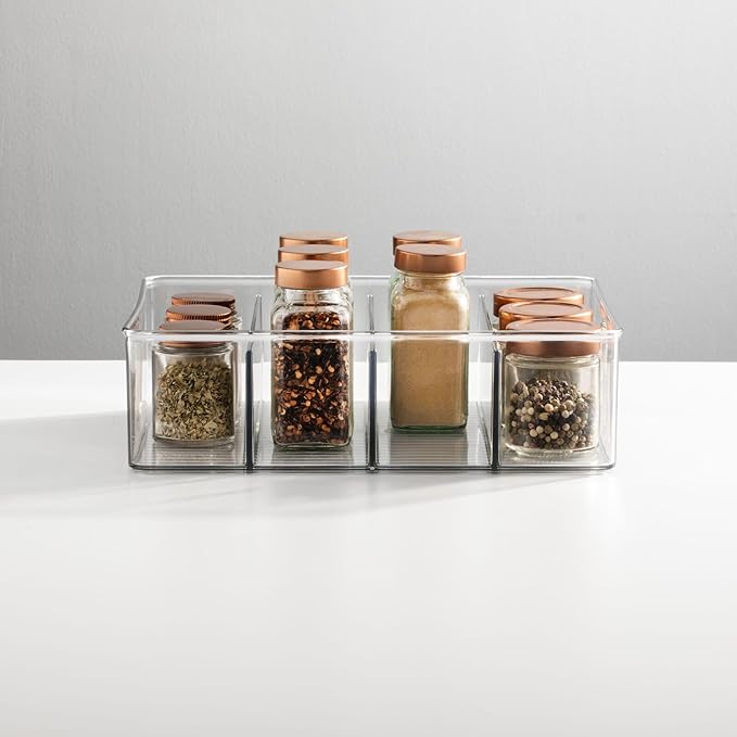 mDesign Plastic Stackable Tea Bag Storage Organizer Bin with 4 Divided Compartments - Holder for Kitchen Cabinet, Pantry, Countertop - Holds Sugar Packets, Coffee Pods, Ligne Collection, 2 Pack- Clear