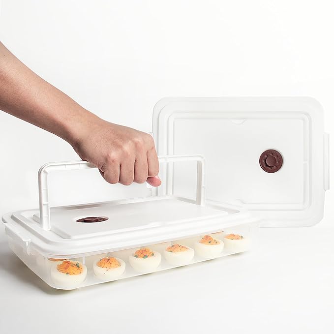 77L Deviled Egg Containers with Lid, (Set of 2), Plastic Deviled Egg Carrier with Handle for 48 Eggs, Clear Storage Devil Egg Platter, Fridge Portable Egg Tray, Perfect for Picnic and Party (White)