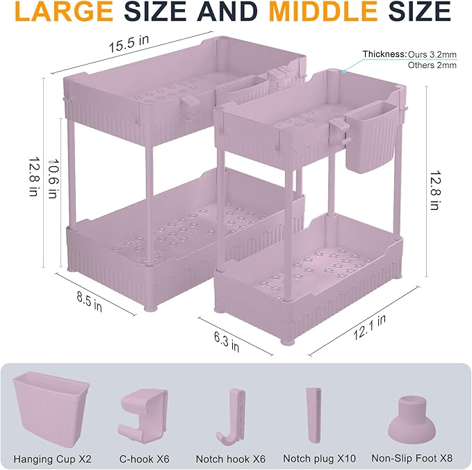 Sevenblue 2 Pack Under Sink Organizer, Under Bathroom Cabinet Organizer with Hooks Hanging Cup, Multi-Purpose Storage Shelf for Kitchen Bathroom (Pink, L)