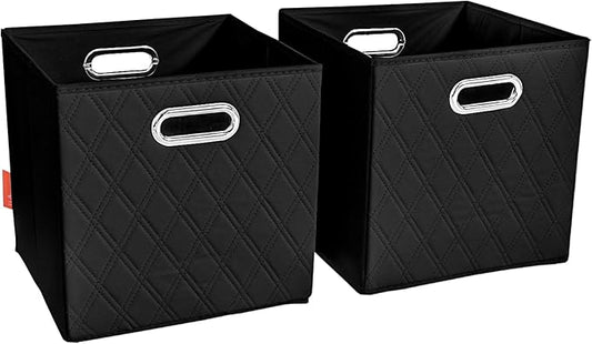 FH Group JIAessentials 11" Faux Leather Foldable Storage Cube Bins Set of 2 – Black Diamond Patterned Organizers with Handles for Closet & Shelves