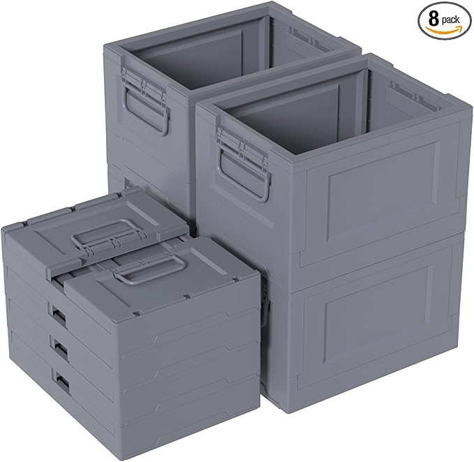 Readsky 8 Packs Plastic Foldable Storage Bins, 14" x 10.2" x 9.1" Collapsible Storage Cubes with Handle, Gray