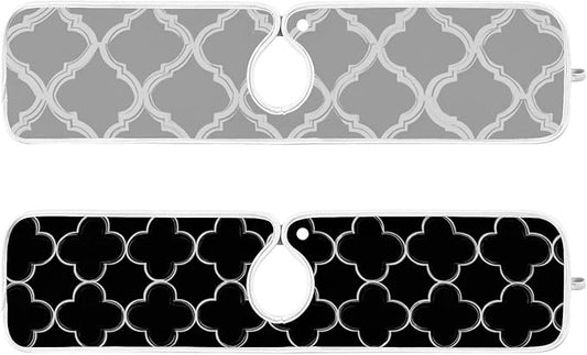 2 PCS Kitchen Sink Splash Guard 23.6 Inch Faucet Mat for Kitchen Sink Bathroom Sink Faucet Absorbing Drip Drain Mat Pad Microfiber Soft Washable Grey and Black Quatrefoil