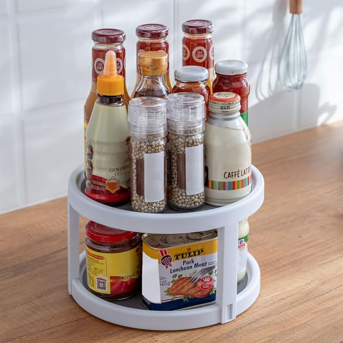 2 Tier Non Skid Spice Rack Turntable, 10 Inch Spinning Organizer, Non Skid Lazy Susan Turntable, 360° Rotating Seasoning Organizer for Kitchen, Pantry Cabinet, Refrigerator, Bathroom, Gray & White