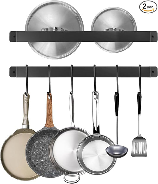 2 Pack Steel-made Kitchen Utensil Rack Organizer Wall-mounted Pot Pans Wall Hanger Holder for Coffee Mug Rack Cup Hanging Kitchen Black with 10 S Hooks