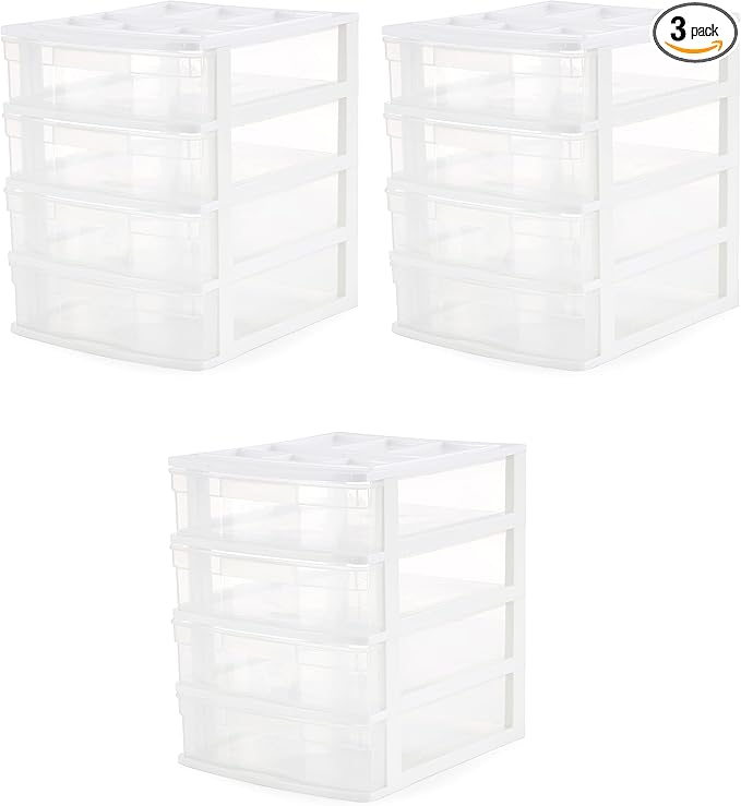 Gracious Living 4 Drawer Desktop & Countertop Organizer w/Organization Lid for Craft Storage, Office Supplies & School Supplies, White/Clear (3 Pack)