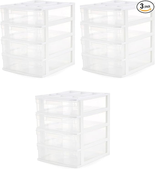 Gracious Living 4 Drawer Desktop & Countertop Organizer w/Organization Lid for Craft Storage, Office Supplies & School Supplies, White/Clear (3 Pack)