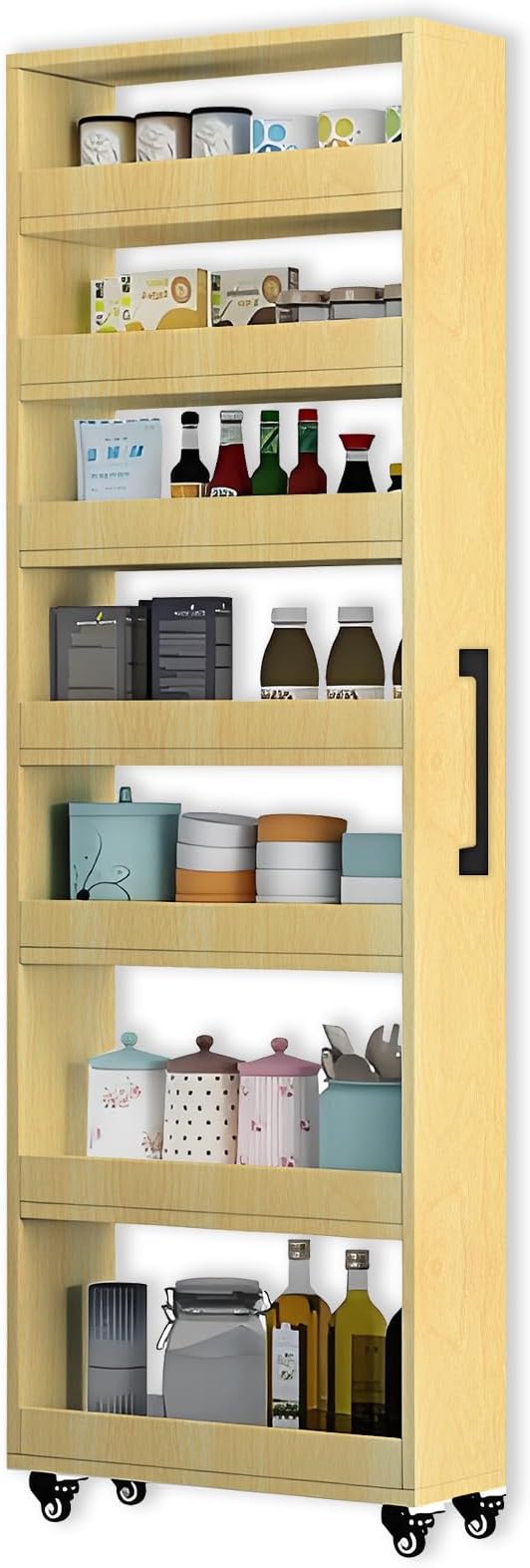 7-Tier Slim Rolling Storage Cart, Wooden Narrow Pantry Cabinet with Wheels, Tall Space-Saving Shelf Organizer for Kitchen, Laundry, Bathroom (Natural Wood Color, 73.2" H*9.8" W*23.6" D)