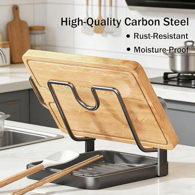 Kitchen Pot Lid Storage Rack, Lid Holder While Cooking, Countertop Organizer Rack for Counter with Removable Drip Tray, Stainless Stand with Tray Spoon Rest for Stove Top(Beige-Single layer)