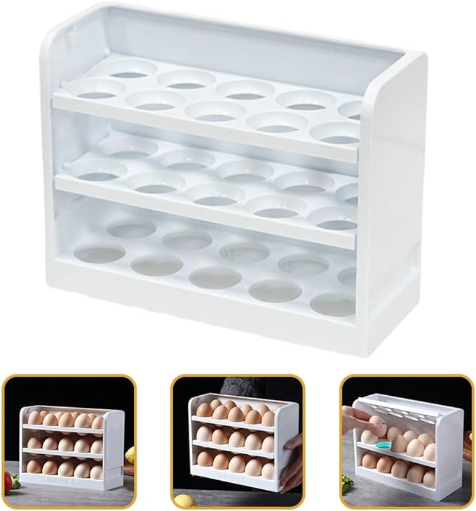 GARVALON 3-tier White Egg Storage Rack for Refrigerator Side Door Household Freezer Egg Organizer Tray Kitchen Holder Container for Preservation and Fridge Organization