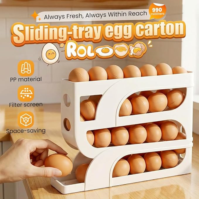 Auto Rolling Egg Holder for Fridge, 4-Tier Egg Dispenser Organizer Holds 28 Eggs, No Assembly Space-Saving Egg Storage Rack for Refrigerator & Countertop (Transparent)