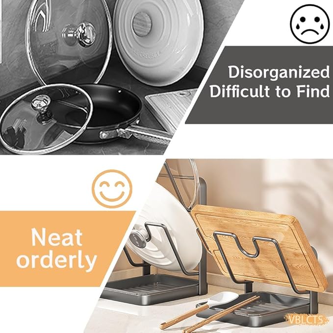 Kitchen Pot Lid Storage Rack, Multifunctional Stainless Steel Pot and Pan Organizer with Removable Drip Tray, Two-Compartment Spatula Holder for Counter Stove Top Kitchen Accessories(Gray,Single)