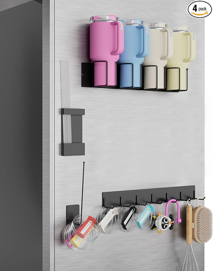 Magnetic Cup Holder Set - Universal Organizer Fits Stanley 20/30/40oz & All Cups up to 3.25 Inches Wide, Modular Rack with Lid and Straw Holders (Black, 4 Cup)